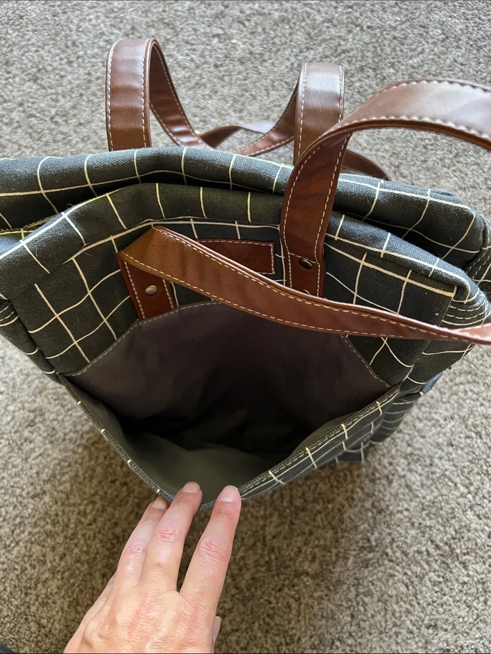 Maika Black Grid Messenger Bag with Brown Trim